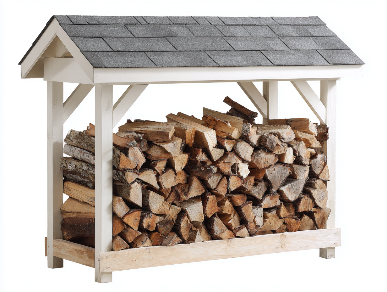 Abri à bûches - bois-feutre bitumé - 290x88x168 cm - Blanc-Gris-Naturel - style ouvert extérieur