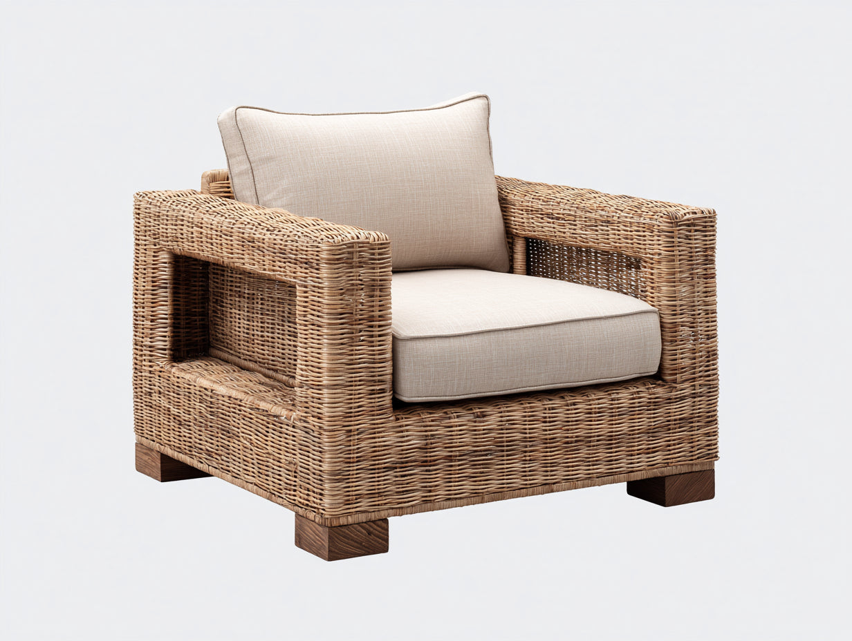 Fauteuil de jardin - rotin - bois - 101x90x77 cm - naturel-beige - contemporain