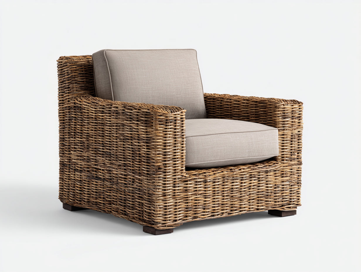 Fauteuil de jardin - rotin - bois - 96x88x78 cm - naturel-taupe - contemporain