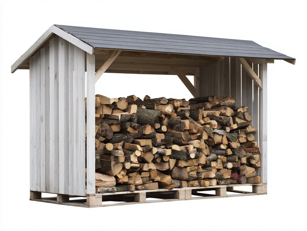Abri à bûches - bois-feutre bitumé - 260x90x170 cm - Blanc-Gris - style chalet extérieur