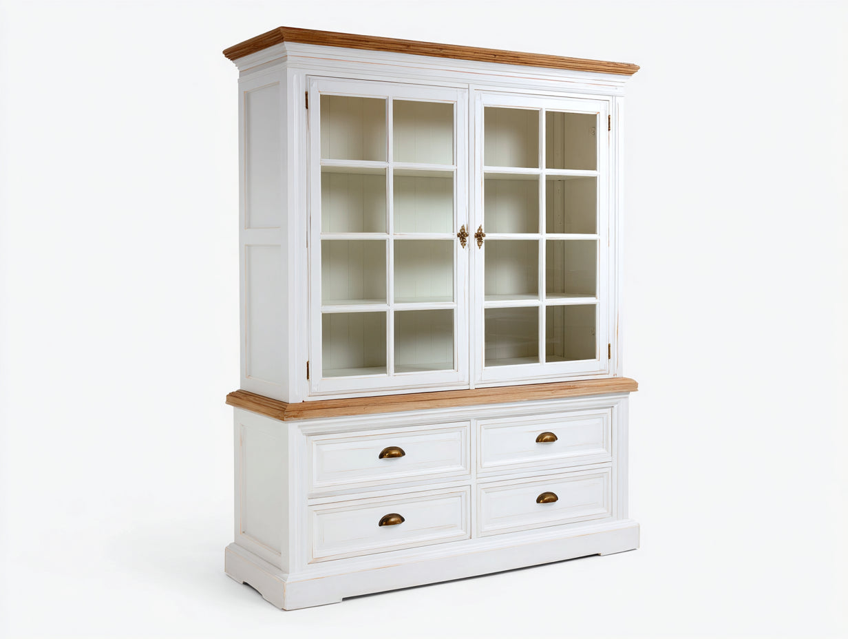 Vitrine-bois MDF-verre-métal-154x44x190 cm-blanc-naturel-style classique